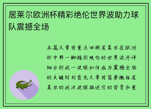 居莱尔欧洲杯精彩绝伦世界波助力球队震撼全场