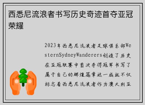 西悉尼流浪者书写历史奇迹首夺亚冠荣耀 西悉尼流浪者书写历史奇迹首夺亚冠荣耀